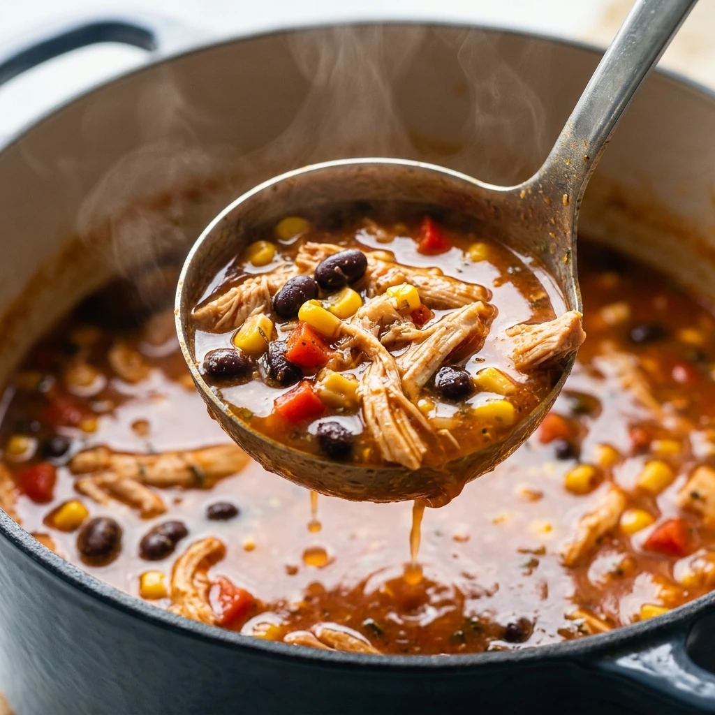  Ladle lifting chicken tortilla soup from a Dutch oven showing beans, corn, and chicken pieces in the broth
