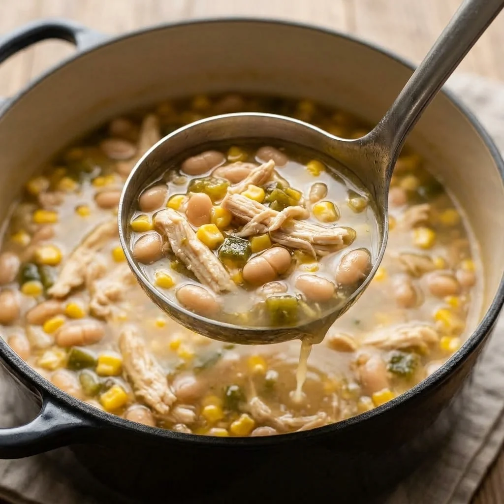 Ladle of lightly thickened chili with chicken, whole beans, corn, and green pepper