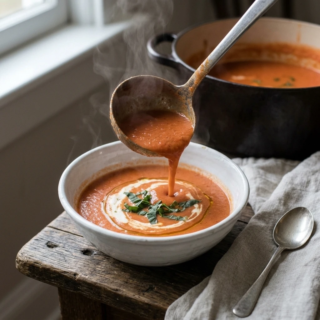 Ladle pouring tomato soup with fresh basil into a bowl for a cozy weeknight dinner