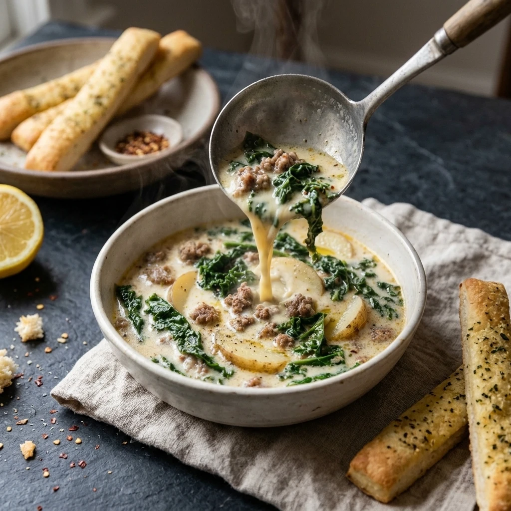 Ladle serving hot zuppa toscana soup into a bowl with garlic breadsticks for a weeknight dinner

