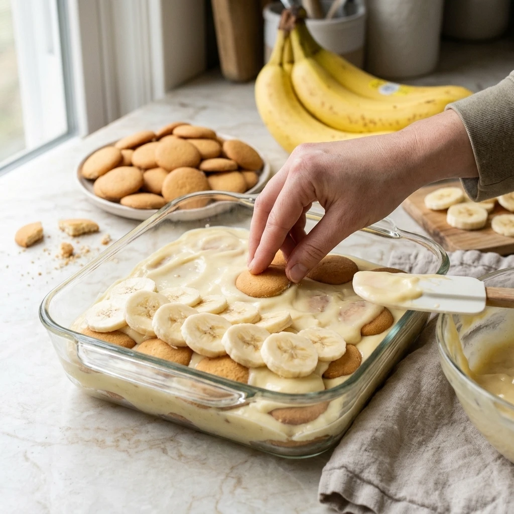 Layering vanilla wafers and banana slices with custard for easy banana pudding in a glass dish
