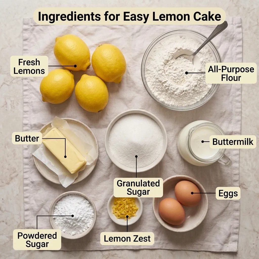 Flat lay of easy lemon cake ingredients: flour, butter, eggs, buttermilk, sugar, and fresh lemons
