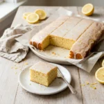 Glazed lemon cake squares on a white platter with fresh lemon slices, a moist lemon sheet cake ready to serve