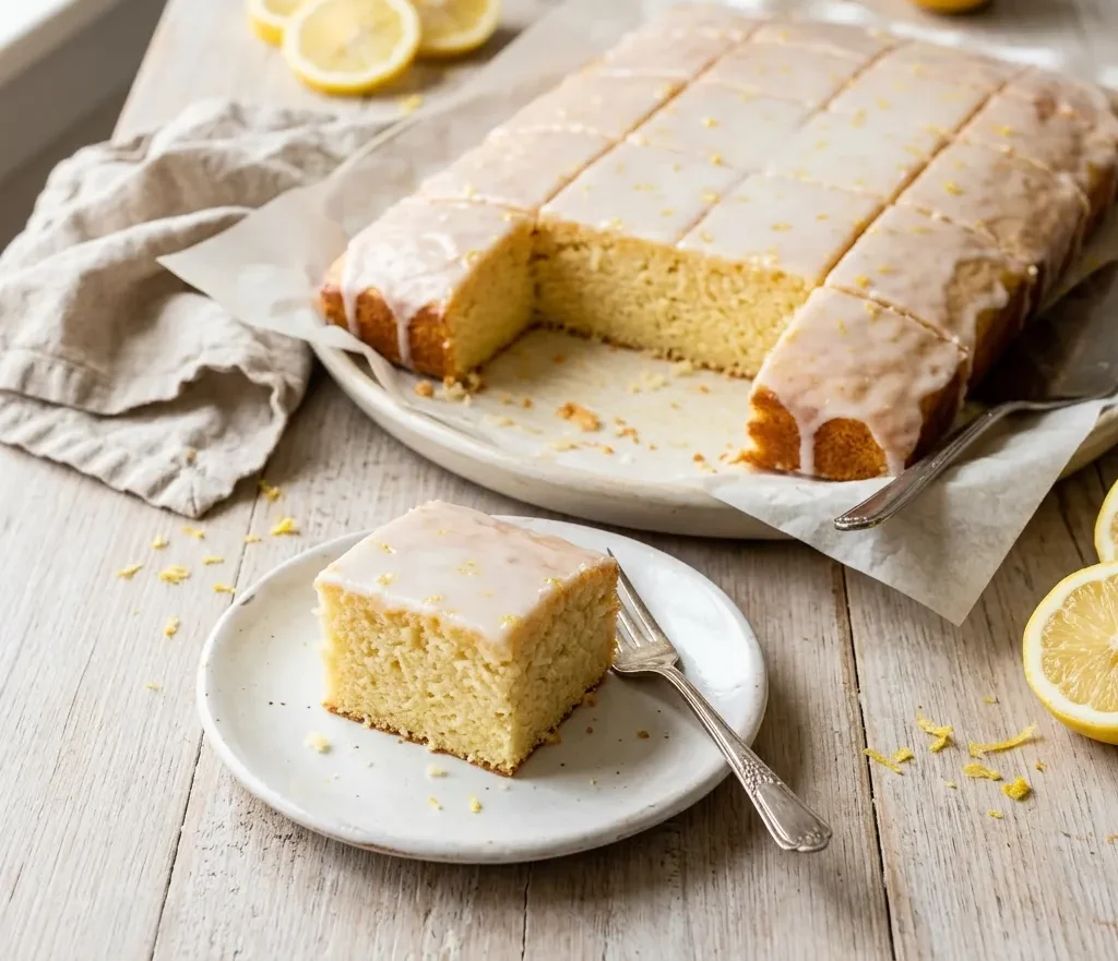 Glazed lemon cake squares on a white platter with fresh lemon slices, a moist lemon sheet cake ready to serve