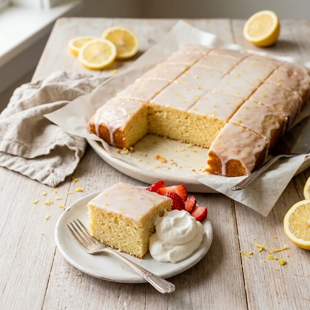 One slice of lemon cake with sliced strawberries and whipped cream on a plate, an easy birthday dessert
