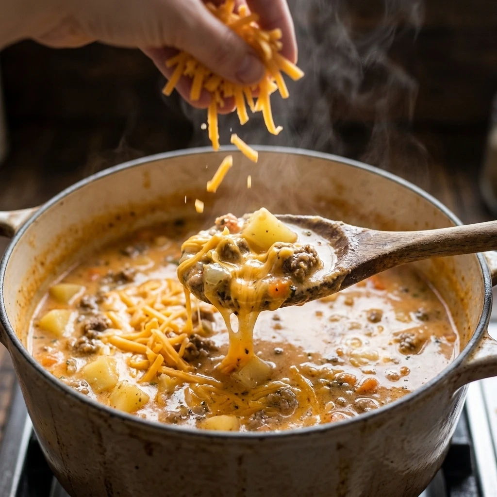 Shredded cheddar melting into a creamy pot of cheeseburger soup with potatoes and beef, close up