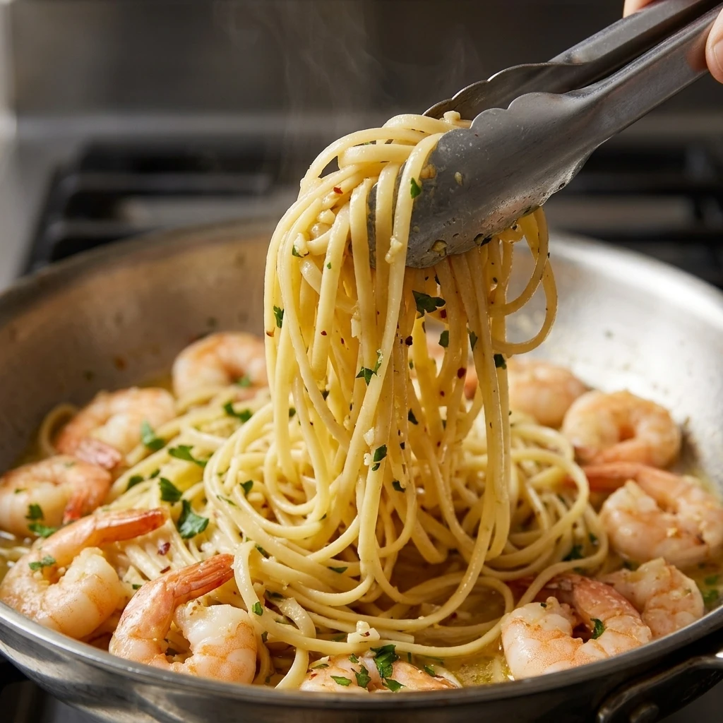  Close view of glossy linguine coated in lemon butter shrimp scampi sauce with garlic flecks
