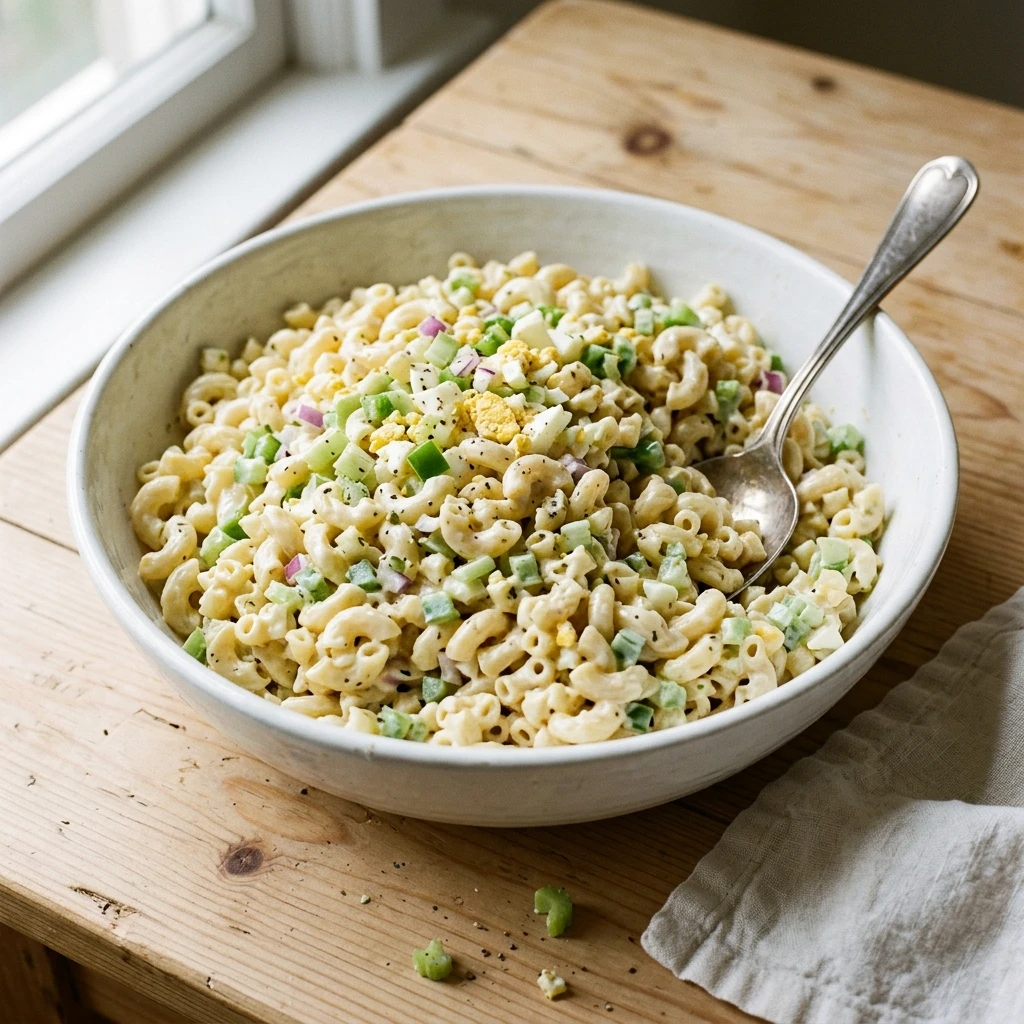 Creamy macaroni salad in a white bowl with celery and egg, ready for a summer cookout
