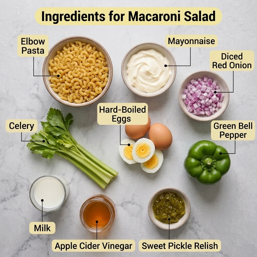 Flat lay of macaroni salad ingredients including elbow pasta, mayonnaise, eggs, celery, and red onion
