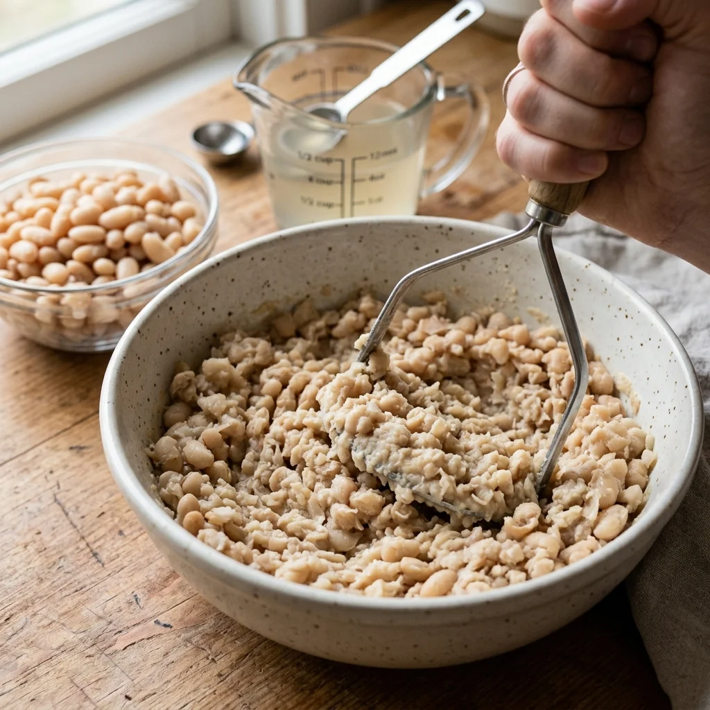 White beans mashed with broth to thicken the chili base