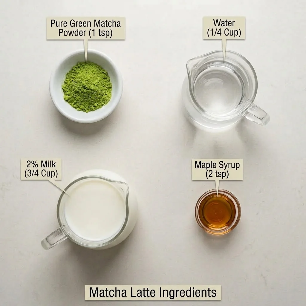 Measured matcha powder, water, milk, and maple syrup arranged for one drink