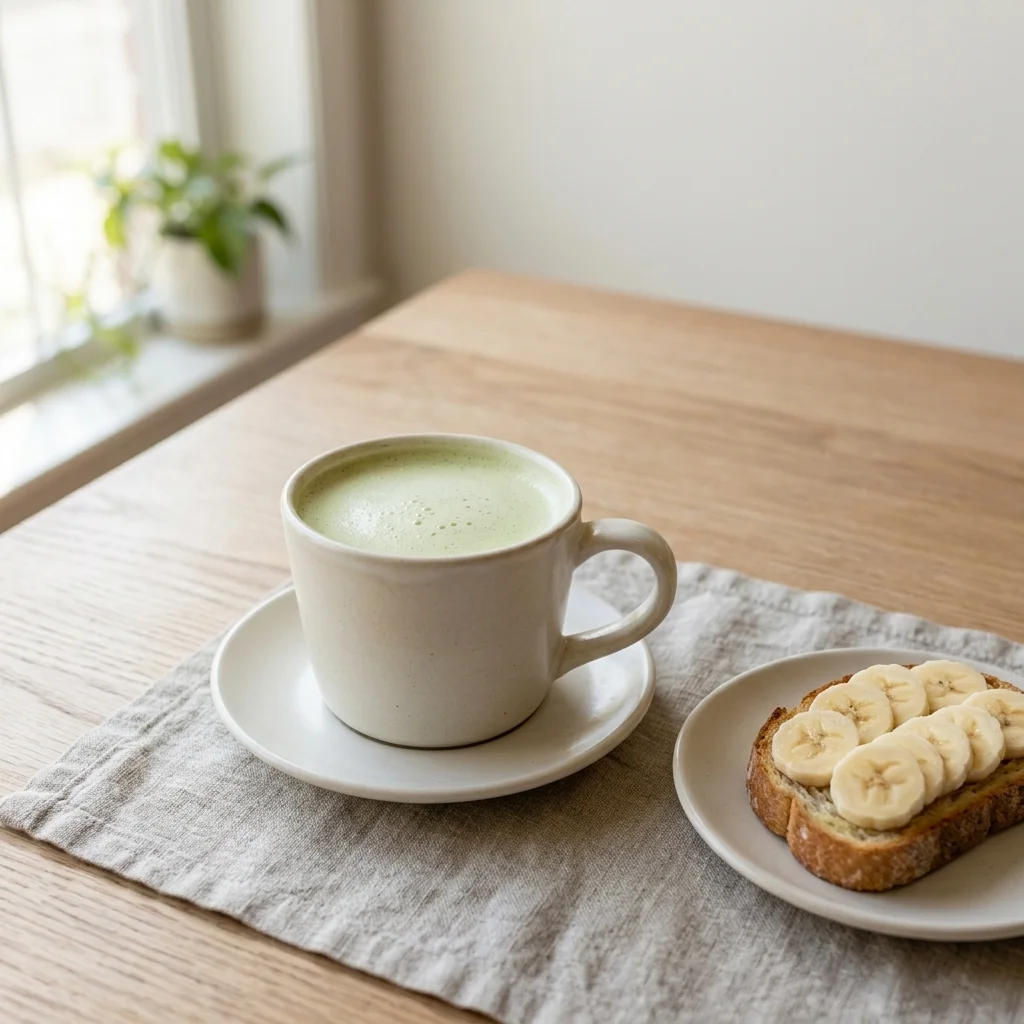 Warm green tea latte beside banana toast on a small breakfast table