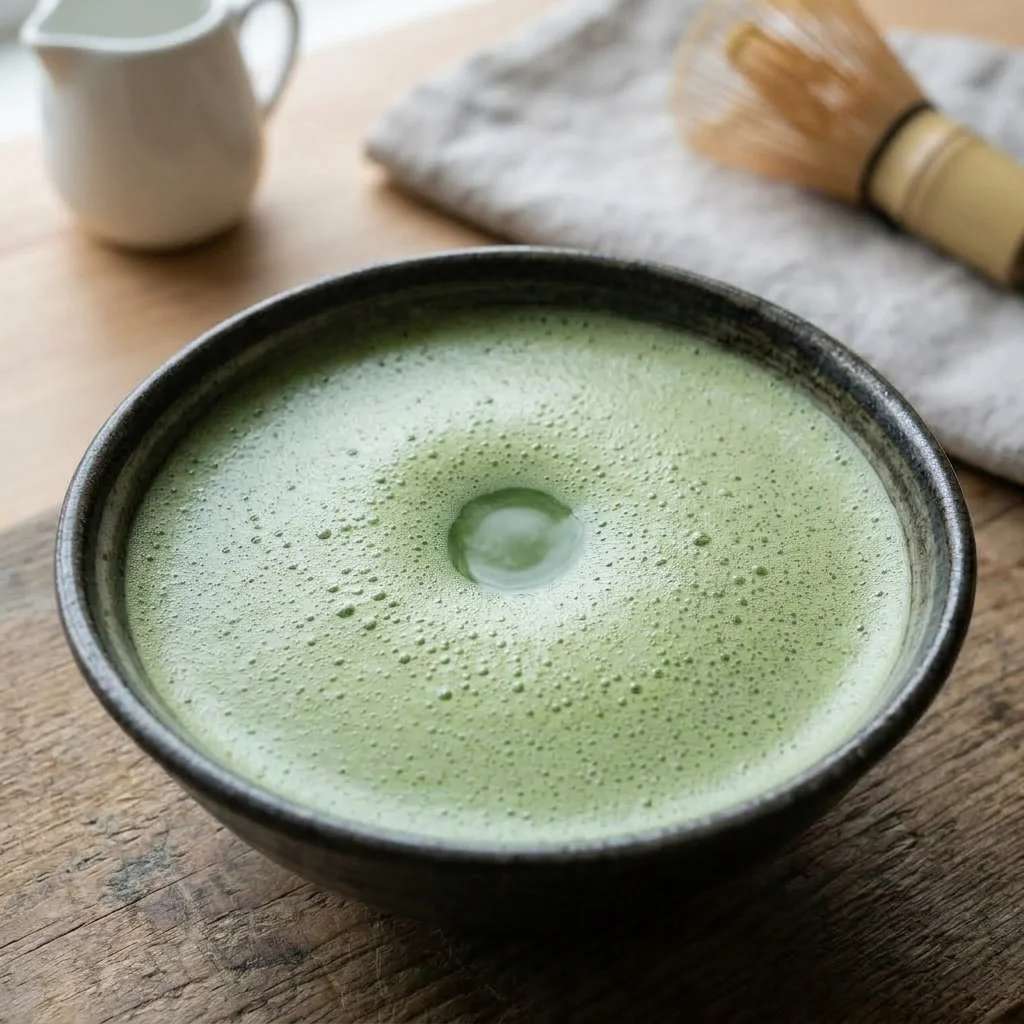 Fine milk bubbles on an evenly mixed pale-green tea latte