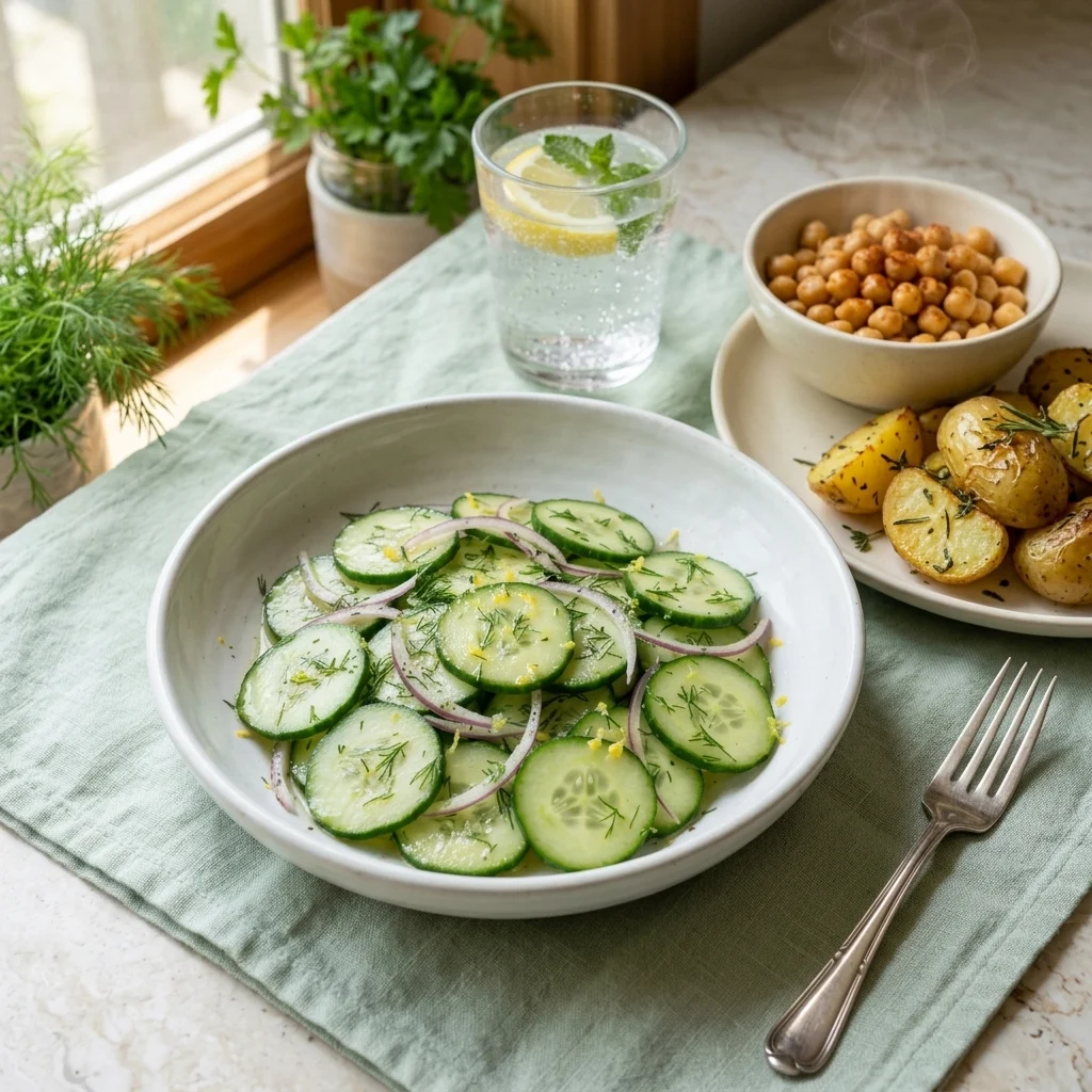 Dill cucumber salad served beside roasted potatoes, chickpeas, and sparkling water