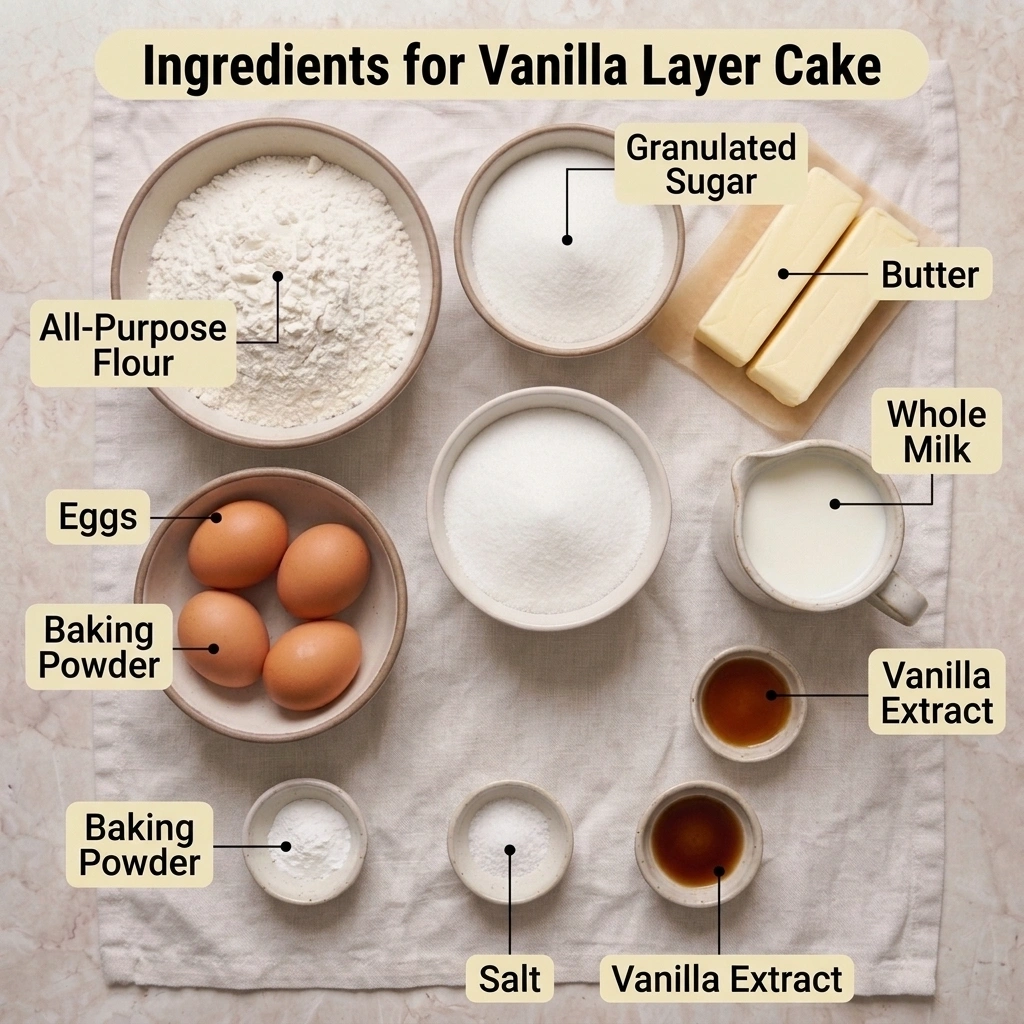 Measured flour, butter, eggs, milk, and sugar for homemade vanilla layer cake on a light counter