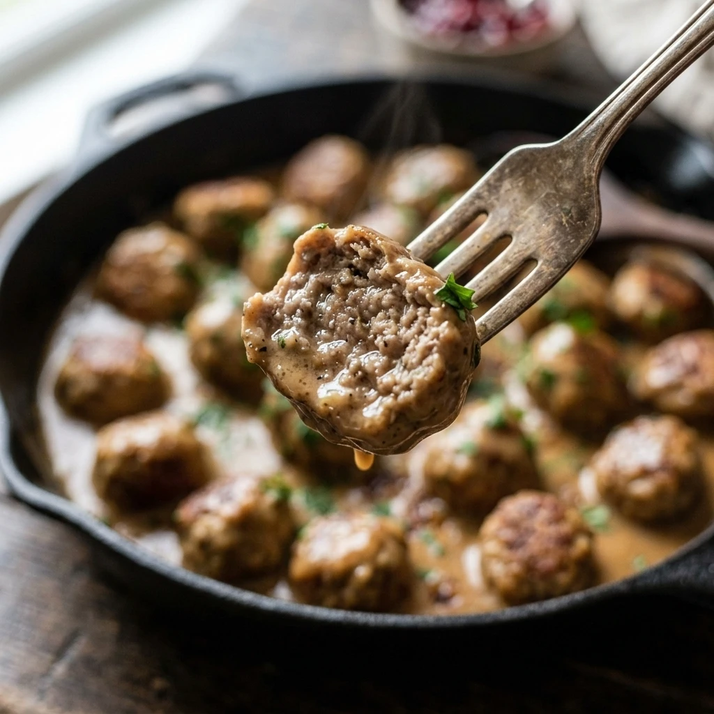 Close-up of a halved Swedish meatball showing a tender, juicy center under silky cream gravy