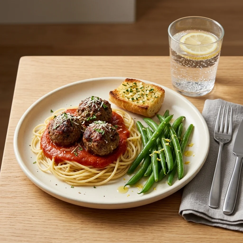 Beef meatballs served with spaghetti, tomato sauce, green beans, garlic bread, and lemon sparkling water.