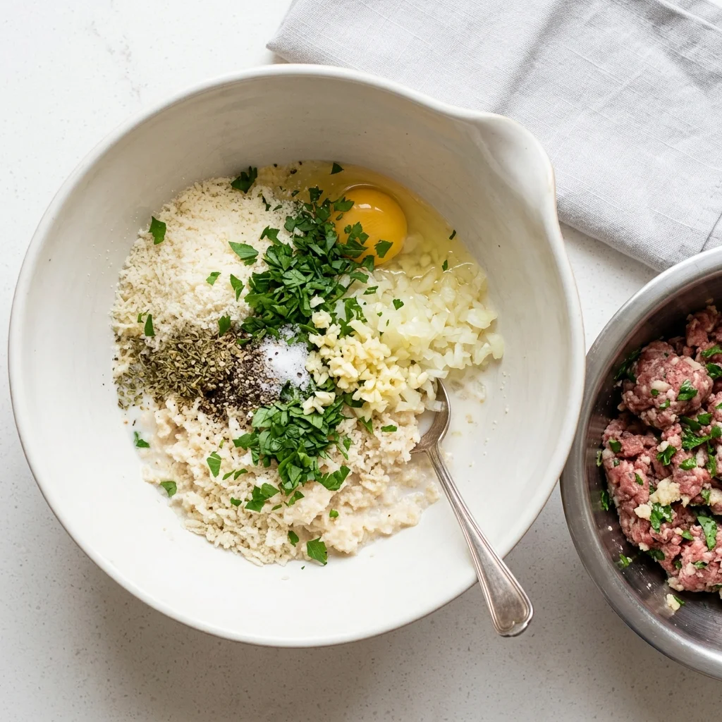 Milk-soaked panko and seasonings prepared before gently mixing the beef.