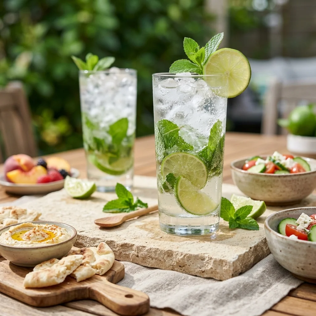 Two mint-lime sparkling drinks served with cucumber salad, hummus, flatbread, and fresh fruit.