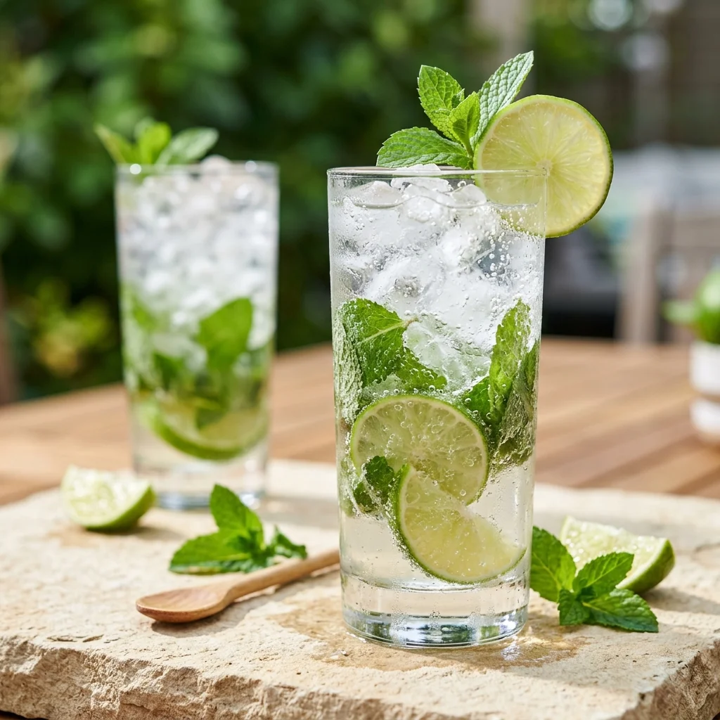 Fresh mojito mocktail with mint, lime, crushed ice, and sparkling club soda.