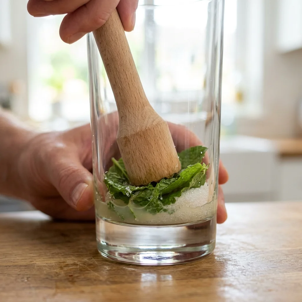 Spearmint being gently pressed with sugar in a highball glass before adding ice.