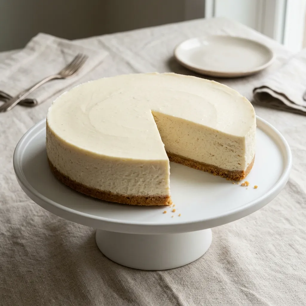 Whole no bake cheesecake with one wedge removed, showing vanilla cream filling and graham crust on a cake stand