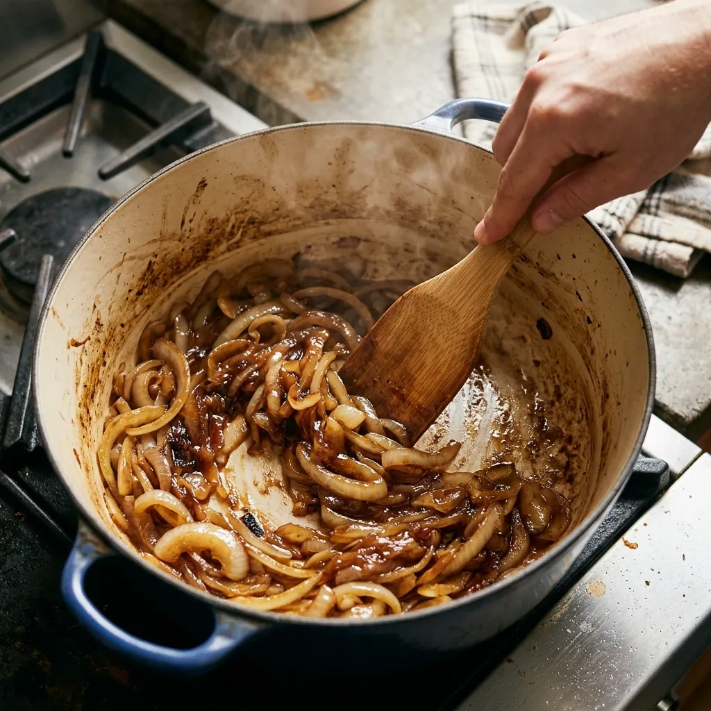 Sliced yellow onions caramelizing in a Dutch oven for easy French onion soup, deep amber and glossy