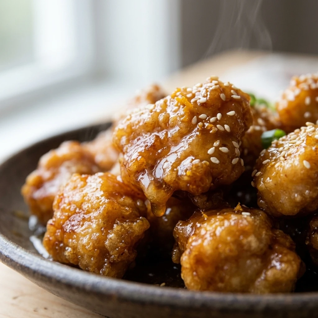  Close-up of sticky orange sauce clinging to crunchy fried chicken, takeout style orange chicken texture 