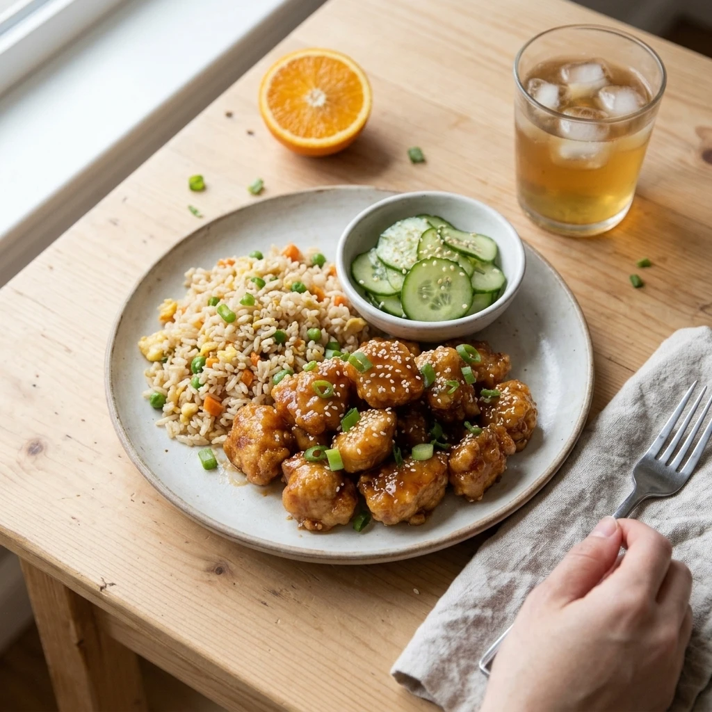  Plated orange chicken with fried rice, cucumber salad, and green onions, a family dinner serving idea