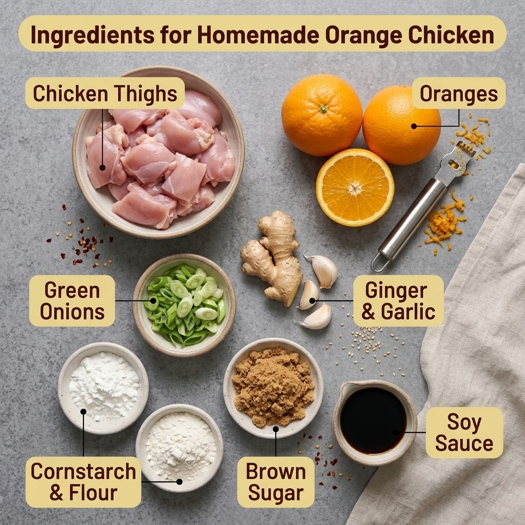 Flat lay of fresh oranges, chicken thighs, ginger, garlic, and cornstarch for homemade orange chicken sauce  
