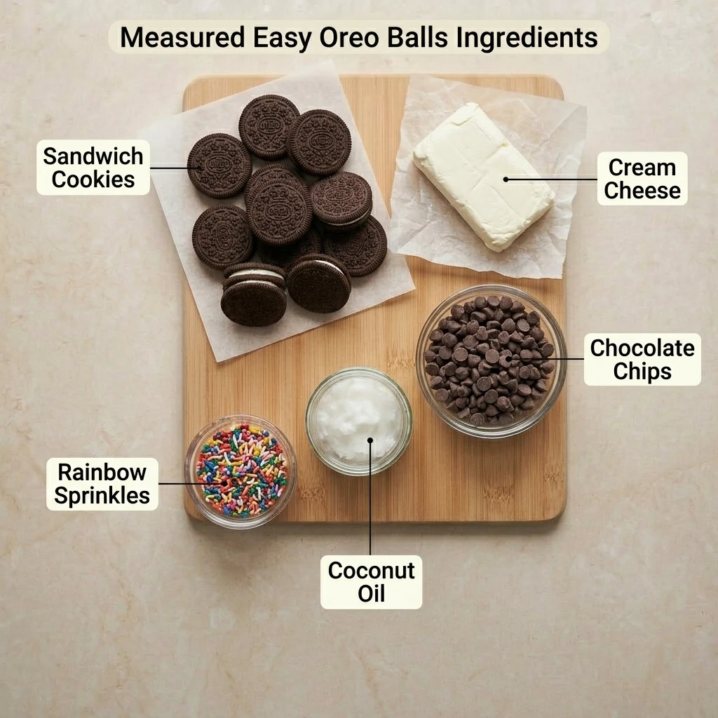 Ingredients for oreo balls laid flat: sandwich cookies, block cream cheese, chocolate chips, and coconut oil
