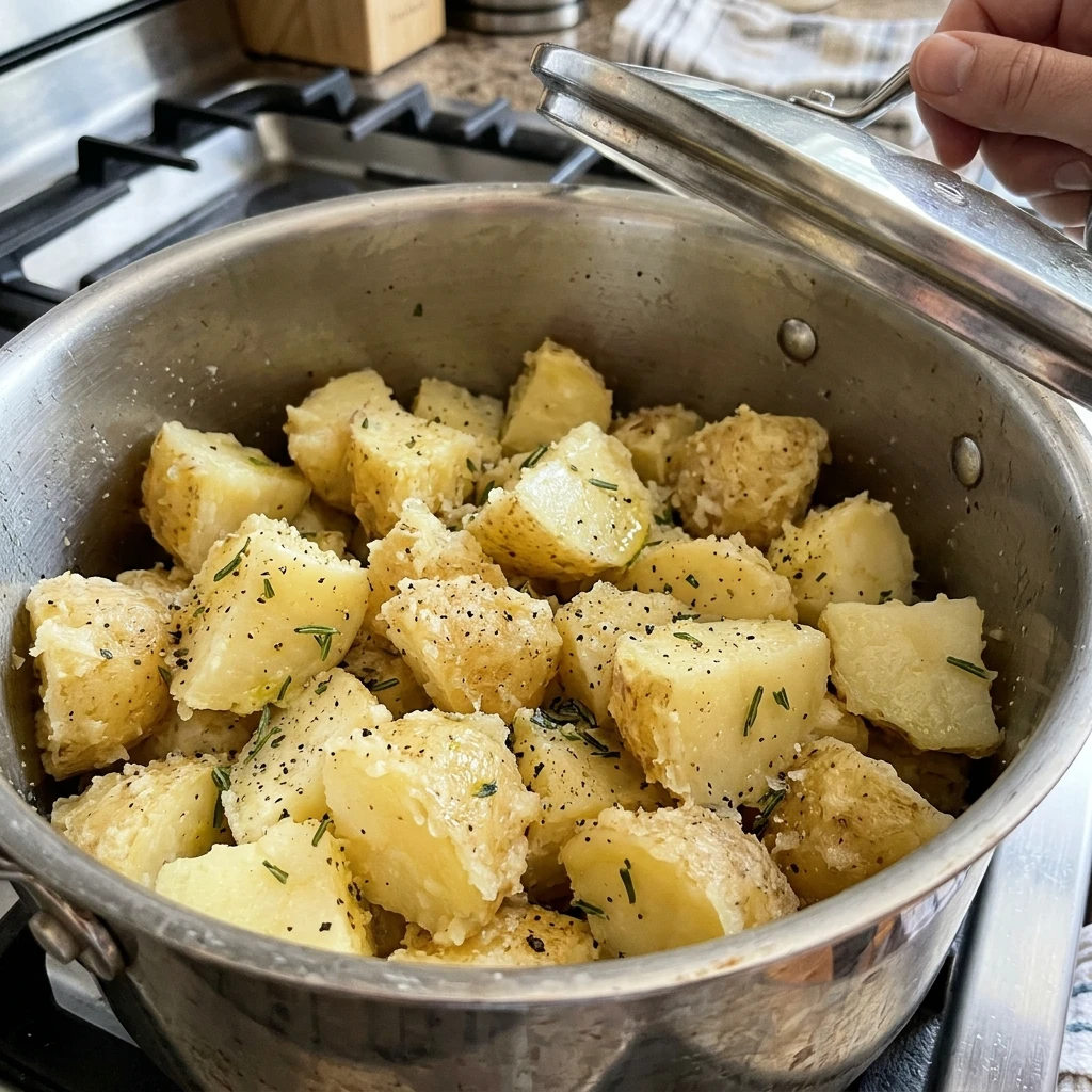 Parboiled potato chunks with fuzzy, starchy edges in a pot, the key step for crunchy oven roasted potatoes
