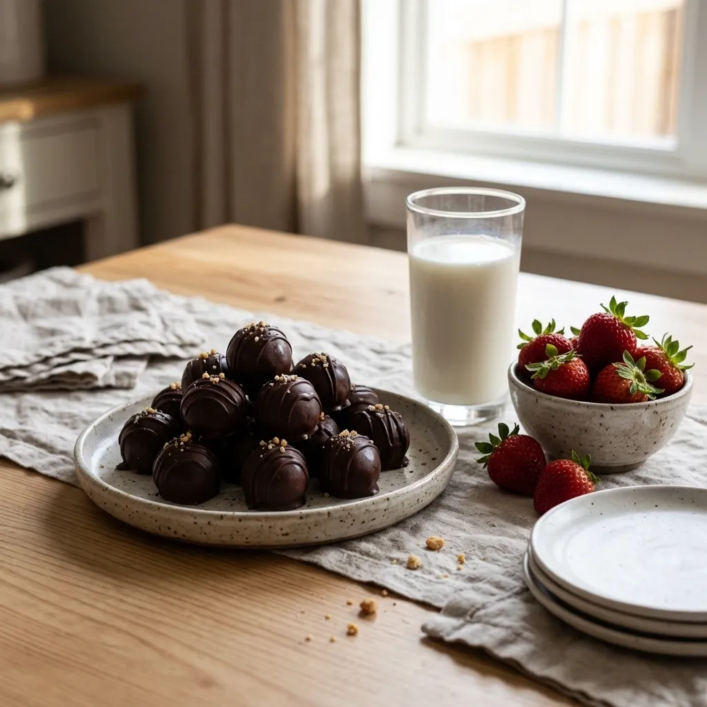  Peanut butter balls on a serving platter with cold milk and fresh strawberries for a party table
