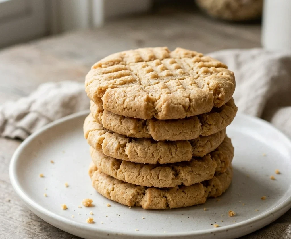 Stack of classic peanut butter cookies with fork marks and pale golden edges on a ceramic plate