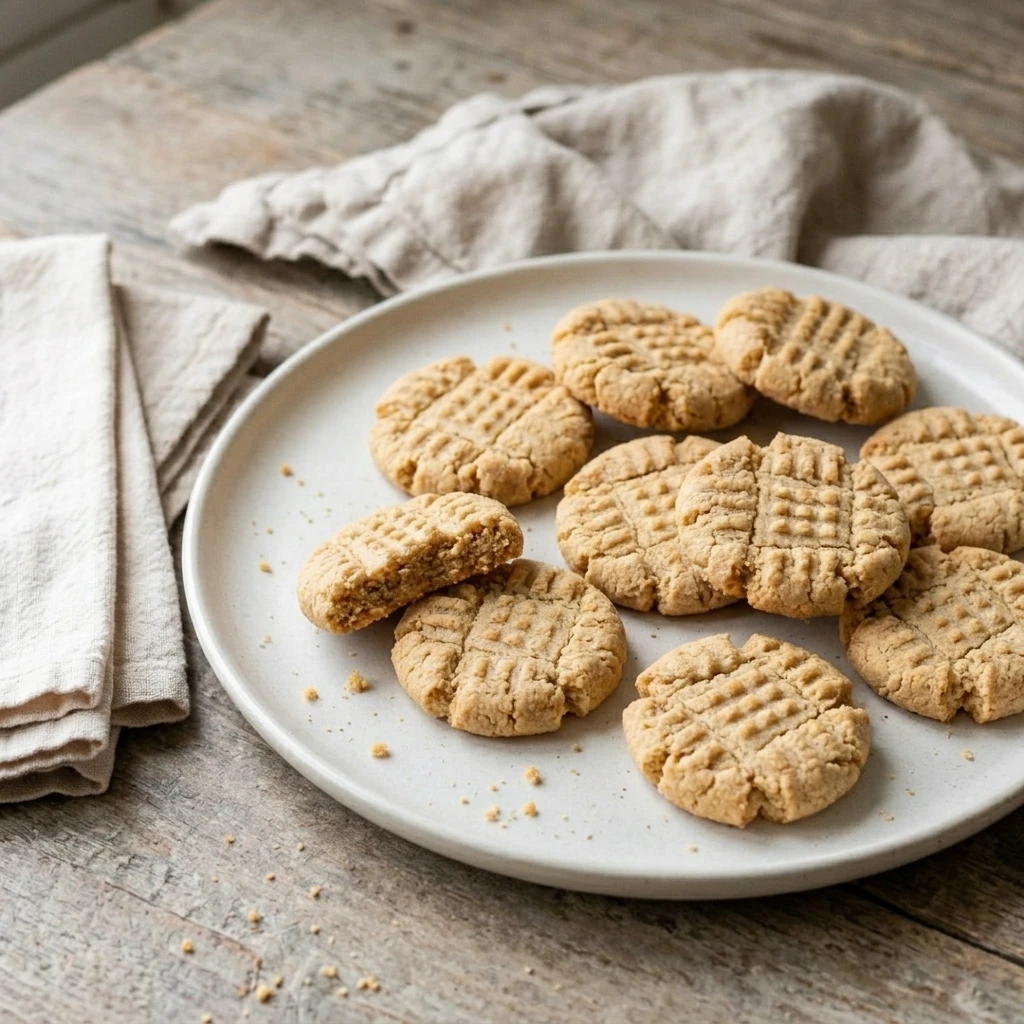 Peanut butter cookies arranged on a simple dessert platter with folded napkins for sharing
