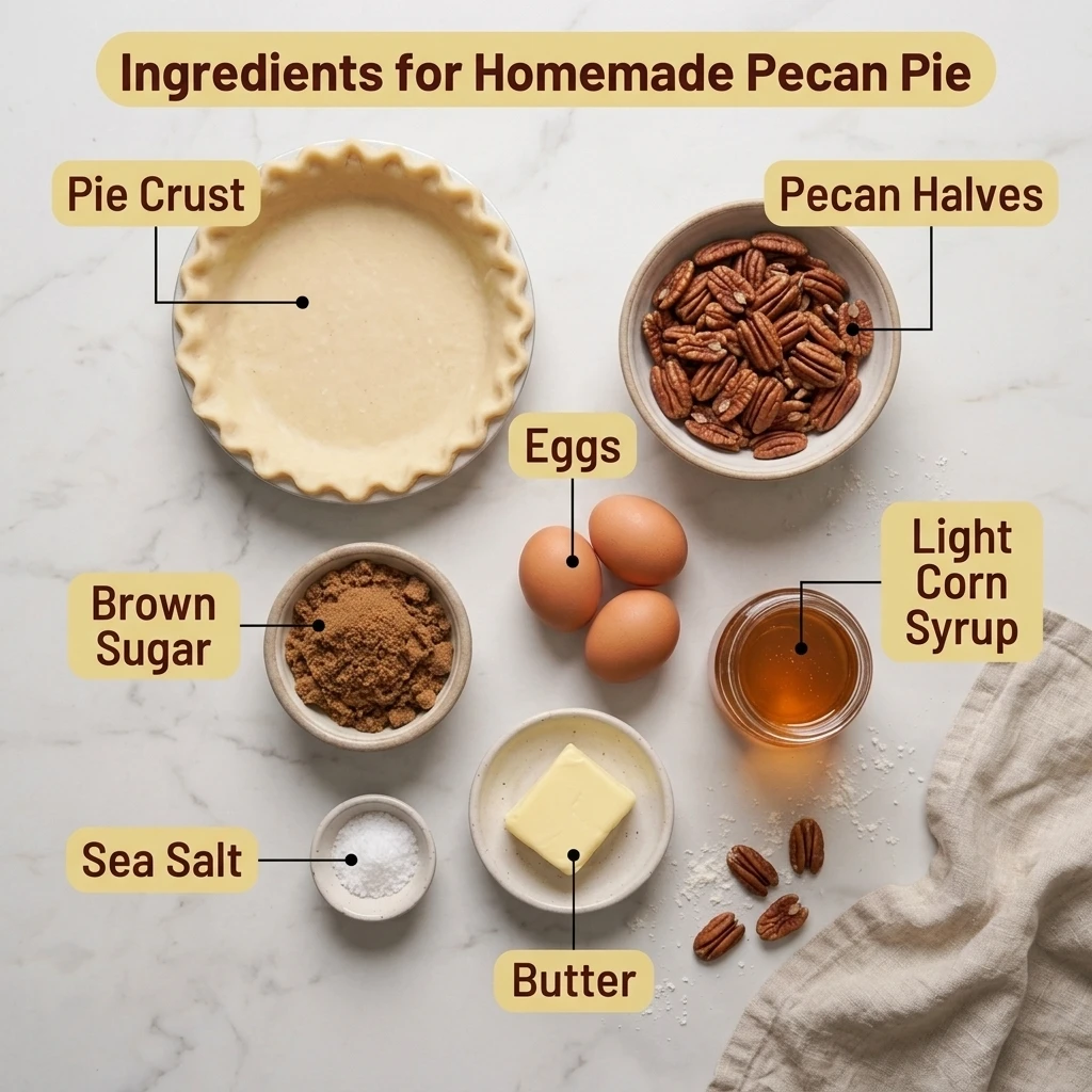 Pecan pie recipe ingredients including pecans, eggs, brown sugar, and corn syrup on a counter