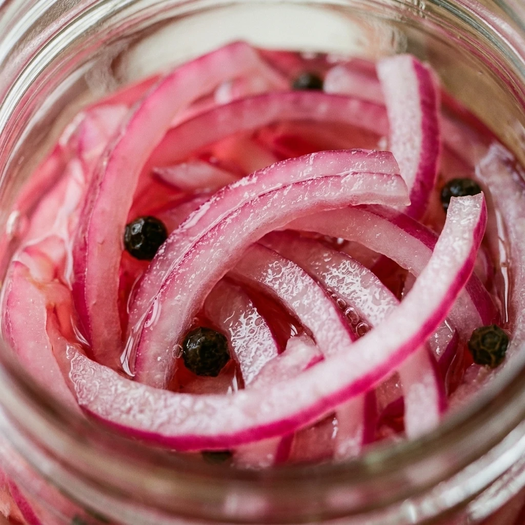 Close-up of thin magenta pickled onion slices glistening with brine, showing crisp texture
