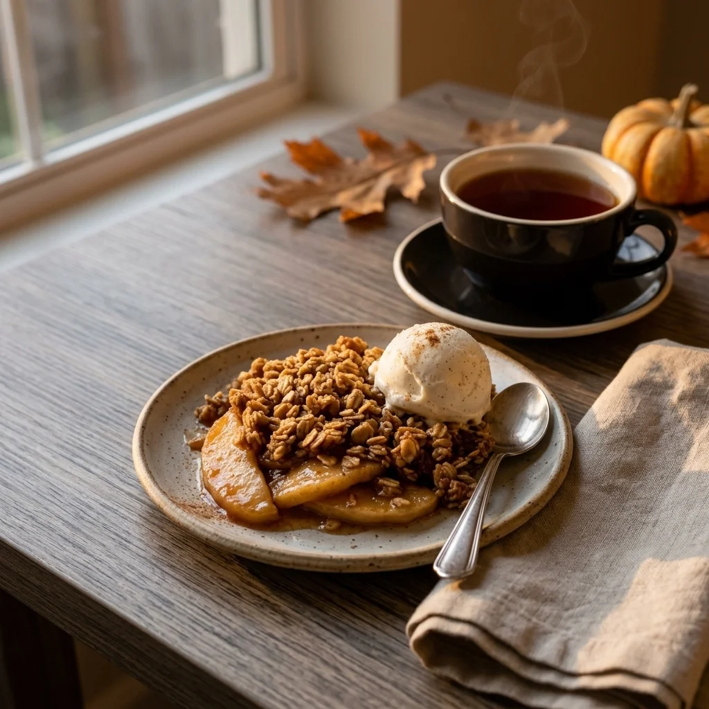 Warm apple dessert with cinnamon apples, crisp oat topping, vanilla ice cream, and black tea.