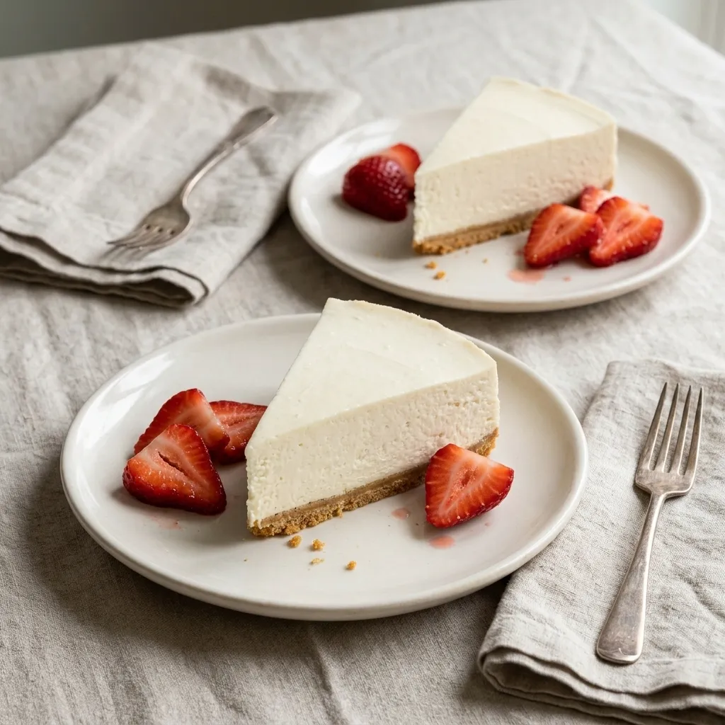 Two plated slices of no bake cheesecake with fresh strawberries as a simple dessert serving