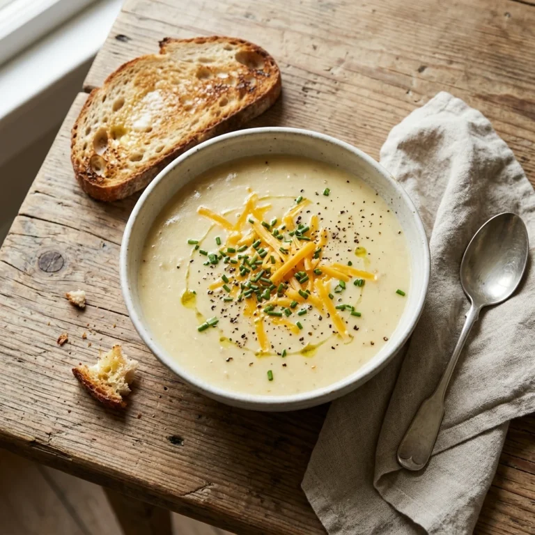 Bowl of creamy potato soup topped with cheddar and chives next to toasted sourdough on a wooden table