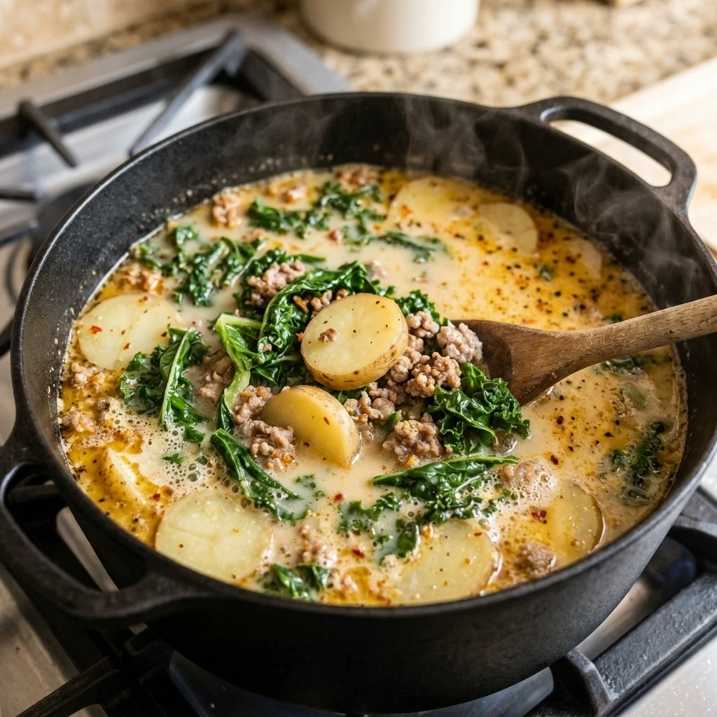 Close up of potatoes and kale ribbons simmering in a one pot Tuscan style soup
