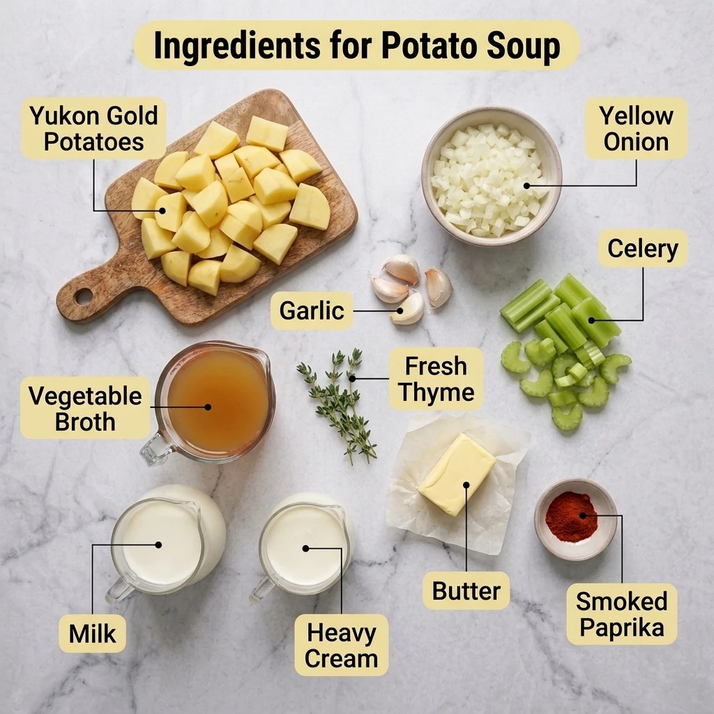 Flat lay of Yukon Gold potatoes, onion, celery, and garlic for easy homemade potato soup
