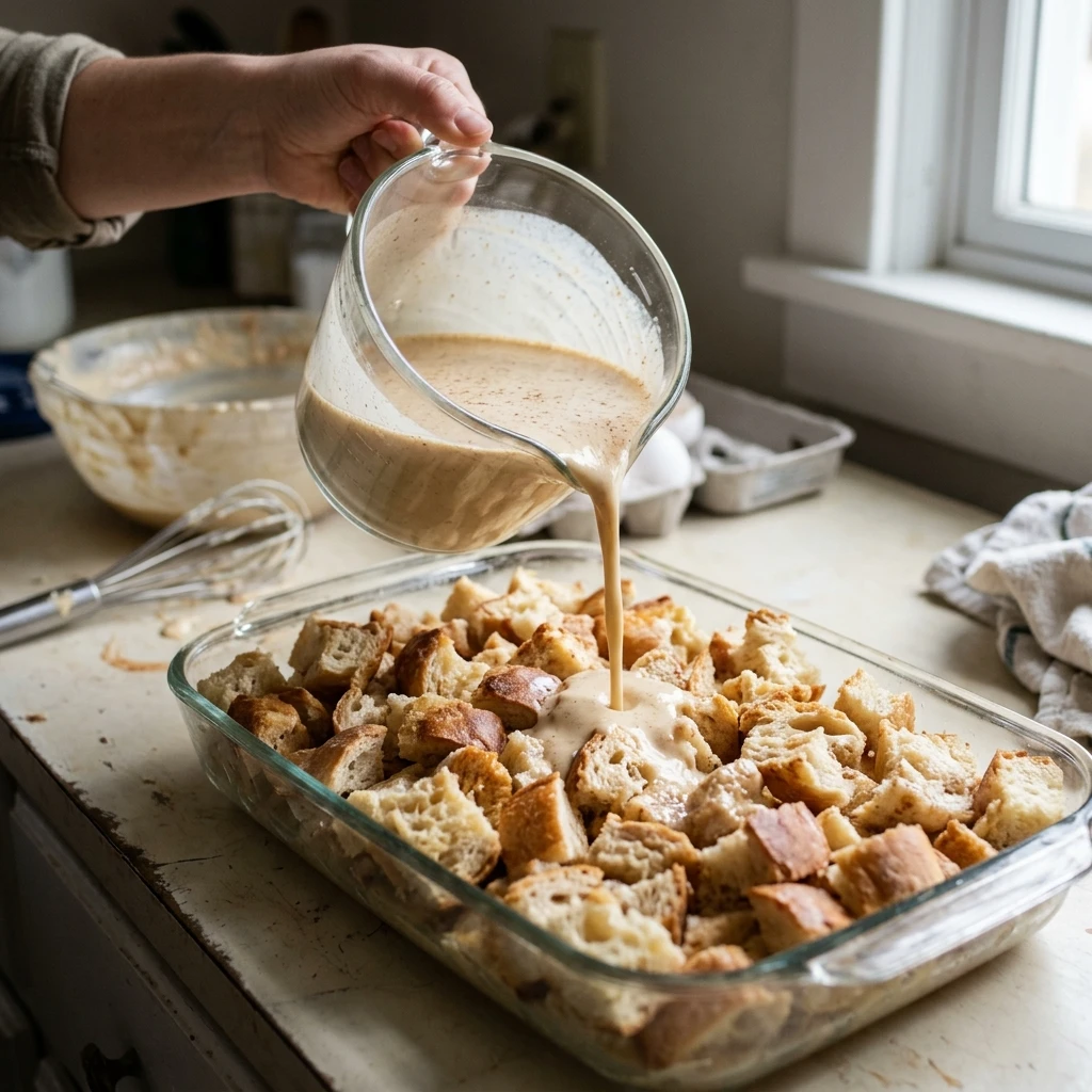 Pouring custard over bread cubes for an overnight french toast casserole before chilling 