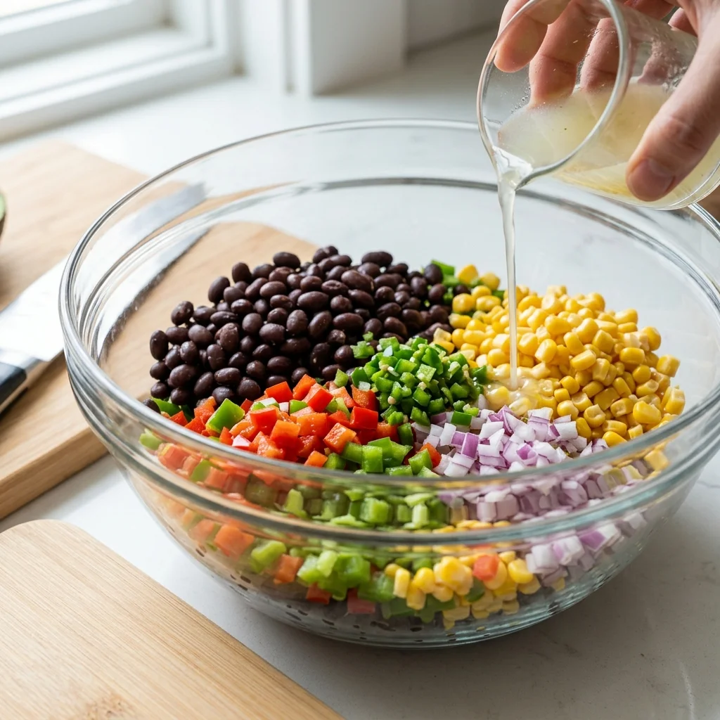 Lime dressing being poured over drained beans, corn, peppers, tomatoes, onion, and jalapeño.
