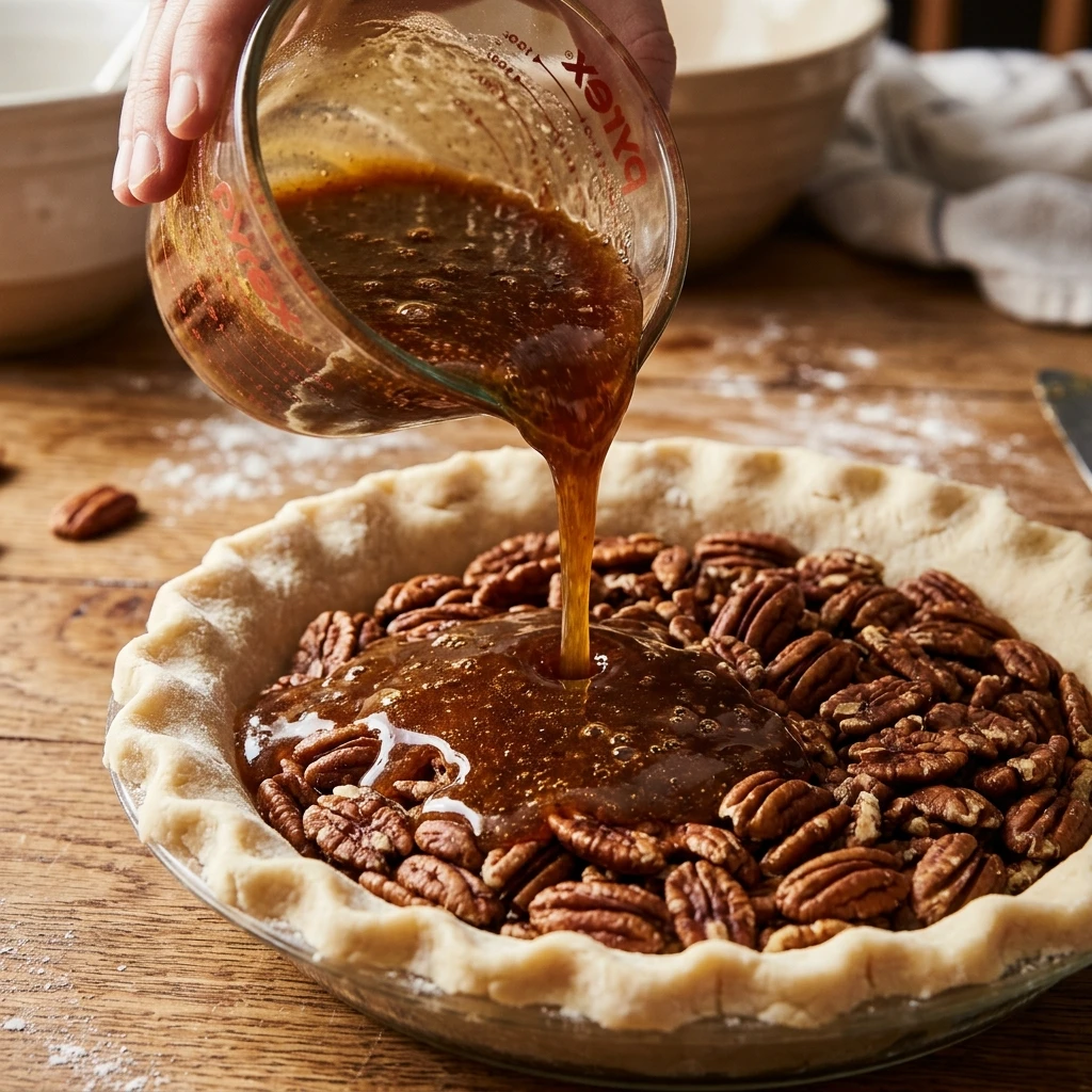 Pouring filling over toasted pecans in an unbaked crust before baking a classic pecan pie