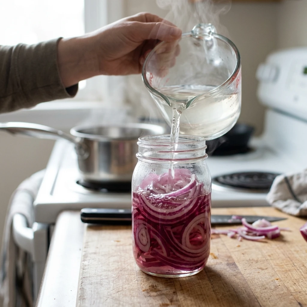  Hot brine poured over sliced red onions in a glass jar while making pickled red onions
