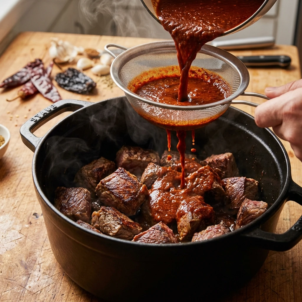  Red chile sauce poured over seared beef in a Dutch oven for slow braised birria
