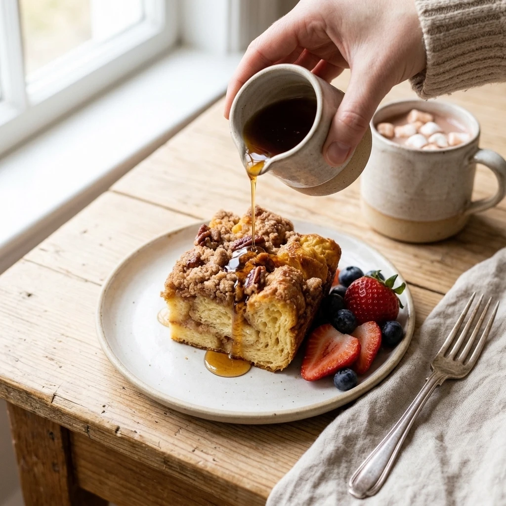 Serving of french toast casserole with warm maple syrup, fresh berries, and hot chocolate for brunch