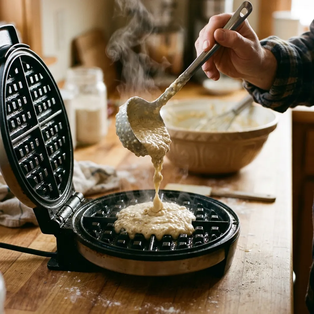 Waffle batter poured into a hot waffle iron for golden Belgian style waffles