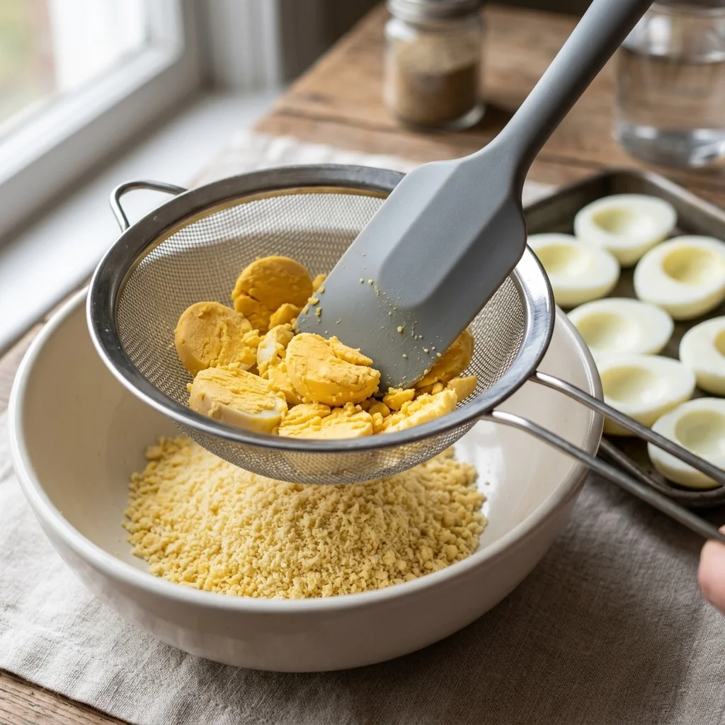 Firm egg yolks pressed through a sieve before mixing the filling